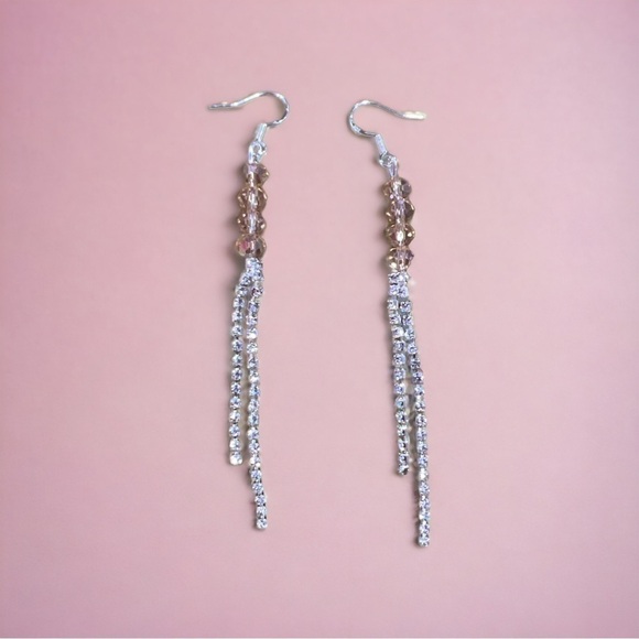 925 STERLING SILVER CHAMPAGNE CRYSTAL RHINESTONE TASSEL EARRINGS - Picture 1 of 4